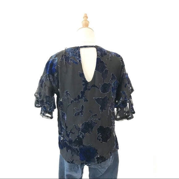 Lily White Black and Bluish Purple Velvet Top Floral blouse Ruffled Sleeves - Picture 10 of 13